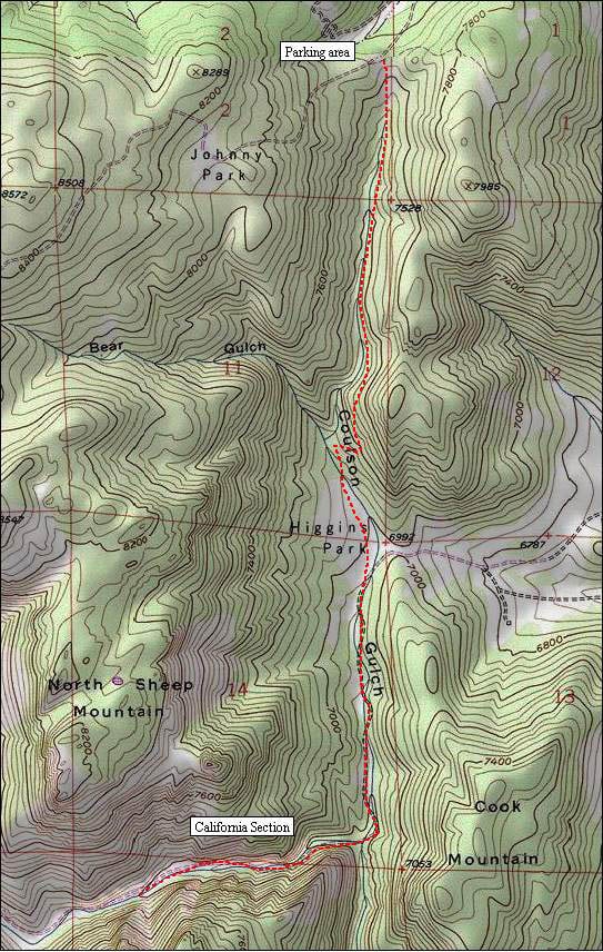 topo of hike to california section